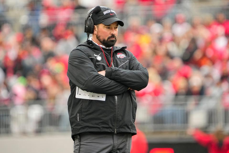 Ohio State Buckeyes head coach Ryan Day watches during the spring football game at Ohio Stadium in Columbus on April 16, 2022.