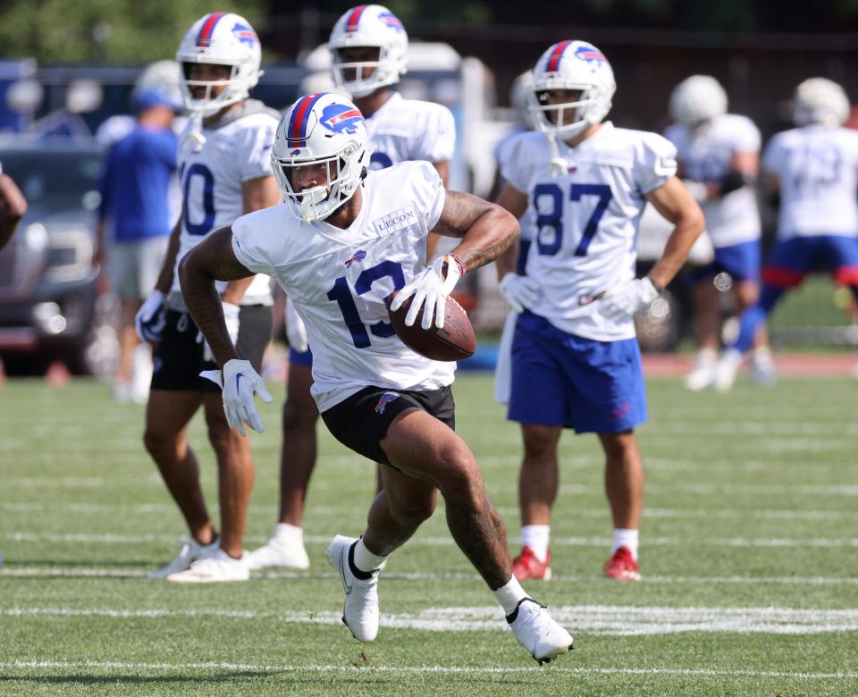 Bills receiver Gabe Davis looks for yards after a catch during training camp.