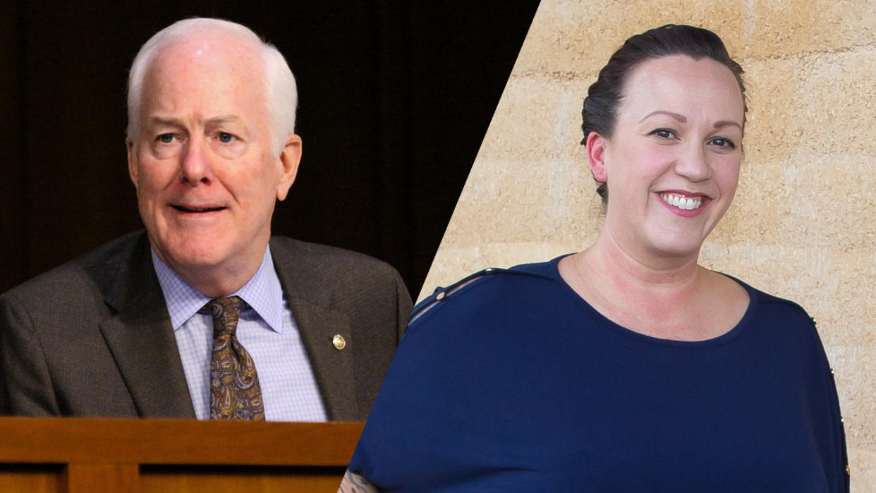 U.S. Sen. John Cornyn (R-TX)/MJ Hegar (Bonnie Cash-Pool/Getty Images; Suzanne Cordeiro/AFP via Getty Images)