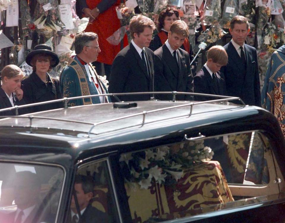 Members of the royal family watch Diana’s coffin pass by (Sean Dempsey/PA) (PA Wire)