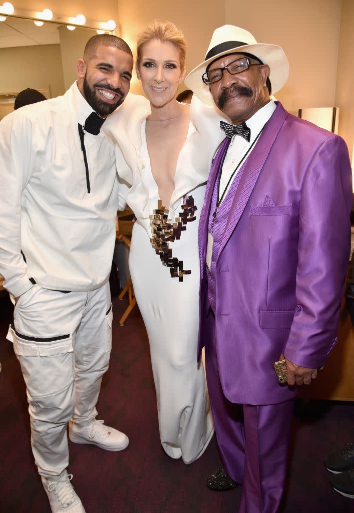 Drake, Celine Dion, and Dennis Graham attend the 2017 Billboard Music Awards.