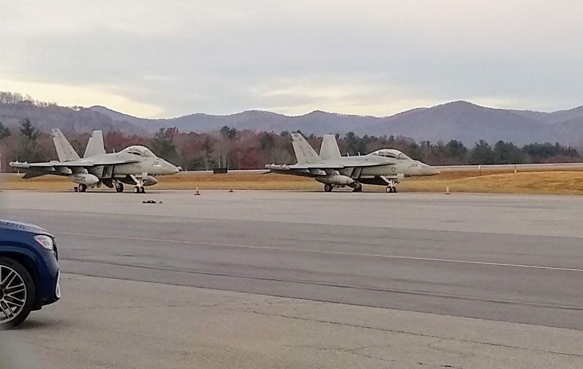 Military aircraft, such as these fighter jets that were at Asheville Regional Airport Nov. 21, 2021, often conduct training operations in the mountains.