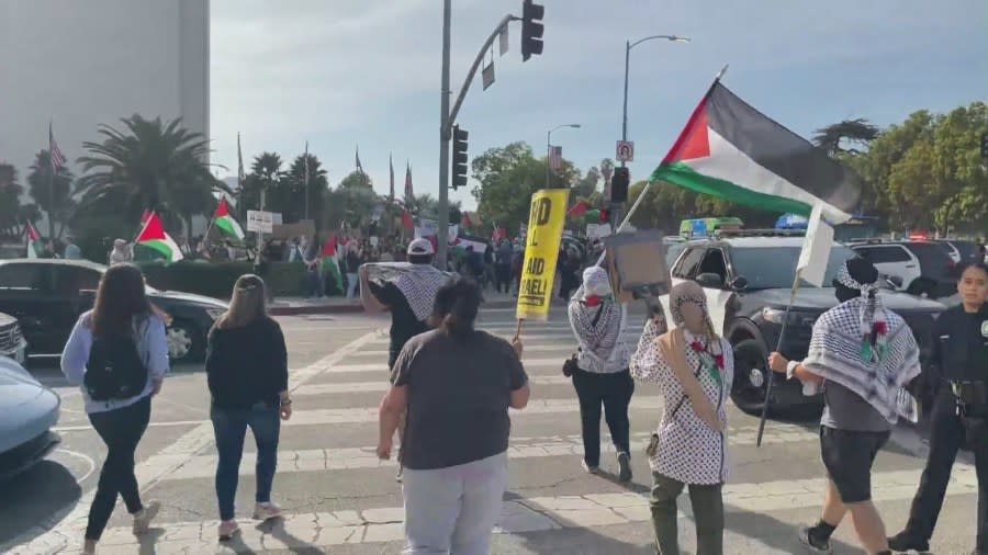 A large group of pro-Palestinian demonstrators marched in West Los Angeles on Nov. 4, 2023 calling for the end to Israel’s bombardment and occupation of Gaza. (KTLA)