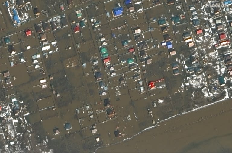 A handout satellite image from Maxar Technologies of flooding near Orenburg airbase on April 3 (Handout)