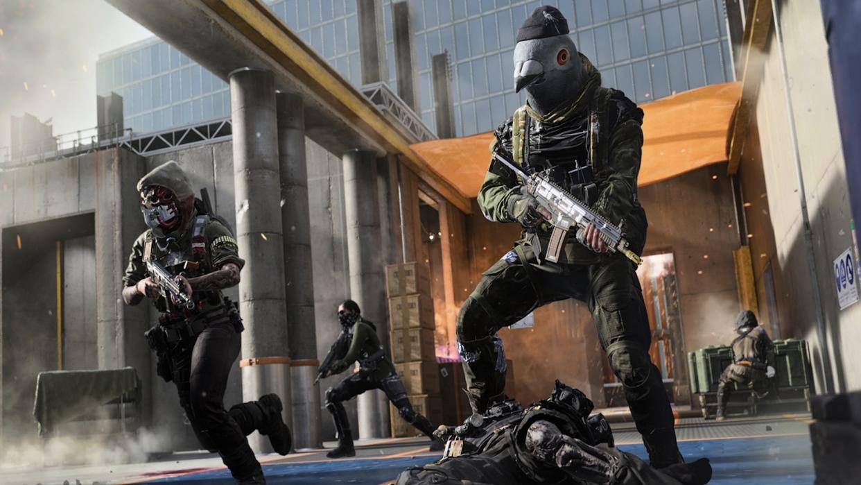  Operators run through a construction site as bullets fly in the background. 