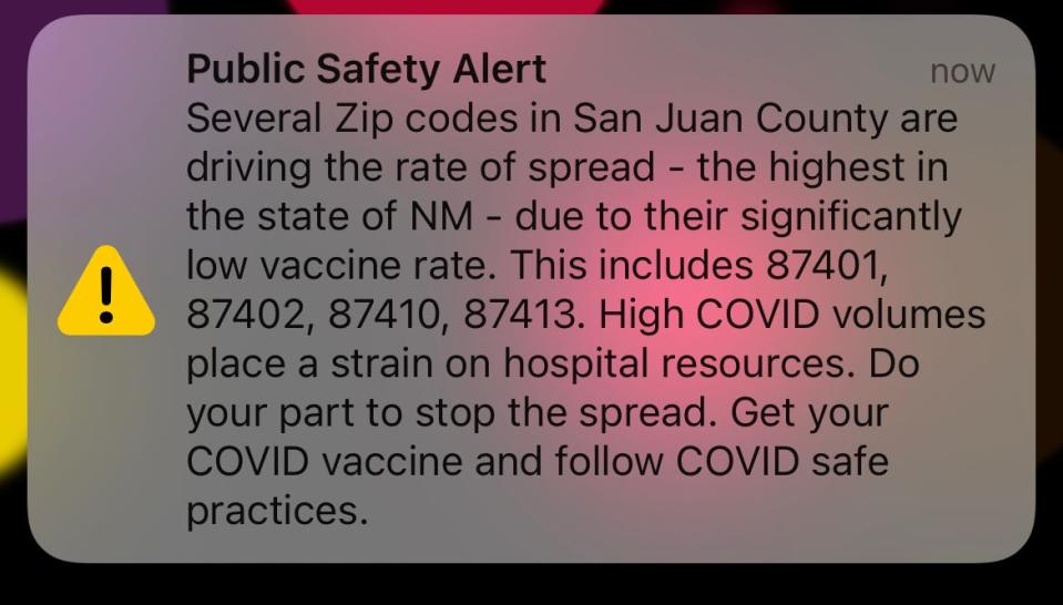 A public health alert pushed to cell phones on Nov. 3 urges San Juan County residents to get a COVID-19 vaccination as the hospital fills up with COVID-19 patients.