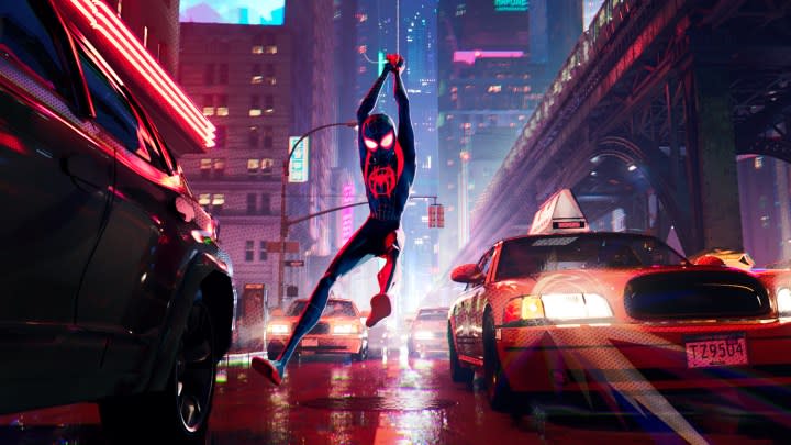 Miles Morales swinging in Spider-Man: Into the Spider-Verse