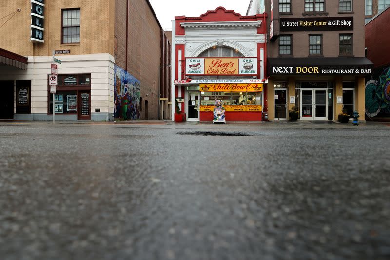 The sidewalk is seen empty during dinner hour at Ben's Chili Bowl as the restaurant navigates the coronavirus disease (COVID-19) outbreak in Washington