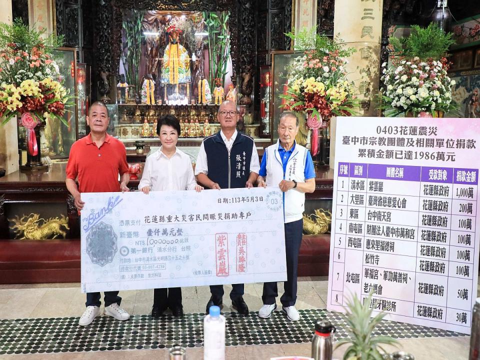 盧秀燕市長感謝紫雲巖及宗教團體、相關單位捐獻，她將代表台中前往花蓮送暖。（圖：中市府提供）