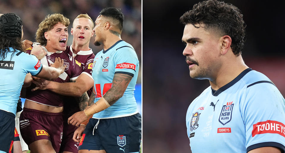 QLD legend Gorden Tallis accused Latrell Mitchell and the Blues of bullying Maroons stars such as Reece Walsh in Origin Game 2. Pic: Getty