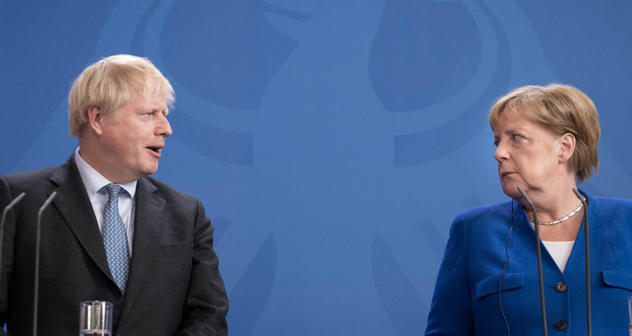 File photo dated 21/8/2019 of Prime Minister Boris Johnson and German Chancellor Angela Merkel in Berlin, ahead of talks to try to break the Brexit deadlock. Downing Street has said it is clear that EU has adopted a new position on Brexit following a call between the two leaders earlier Tuesday.