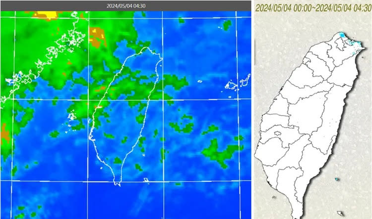 今（4）日清晨4時30分紅外線色調強化雲圖顯示，台灣上空雲層鬆散（左）；累積雨量圖顯示，北海岸有零星降雨（右）。氣象應用推廣基金會