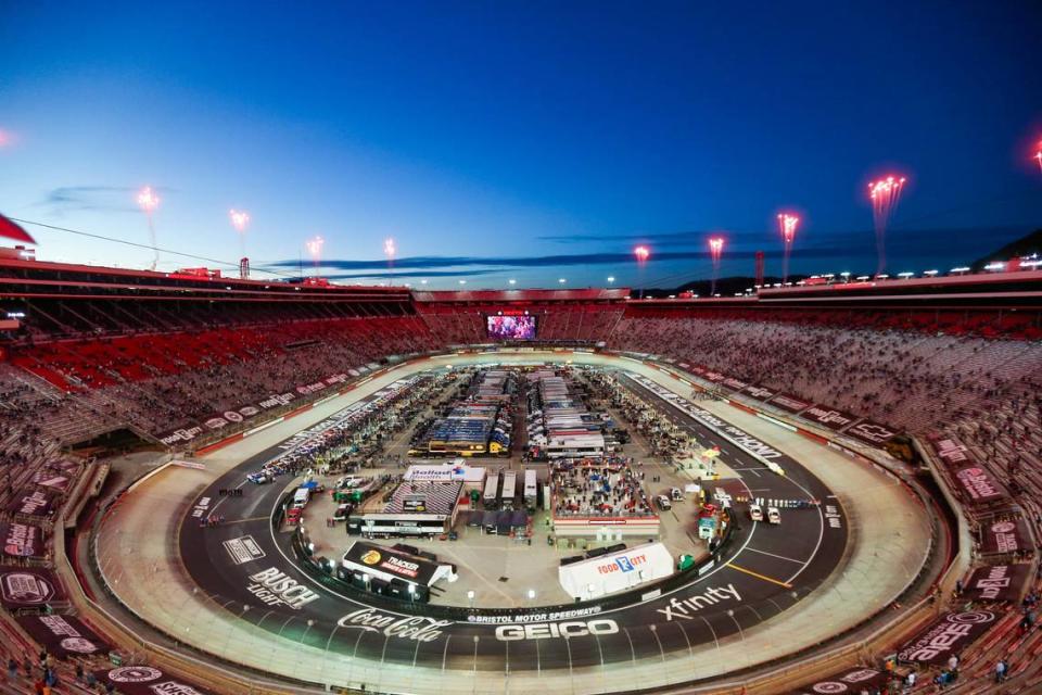 Mar 16, 2024; Bristol, Tennessee, USA; General view before the start of the NASCAR Weather Guard truck race at Bristol Motor Speedway.