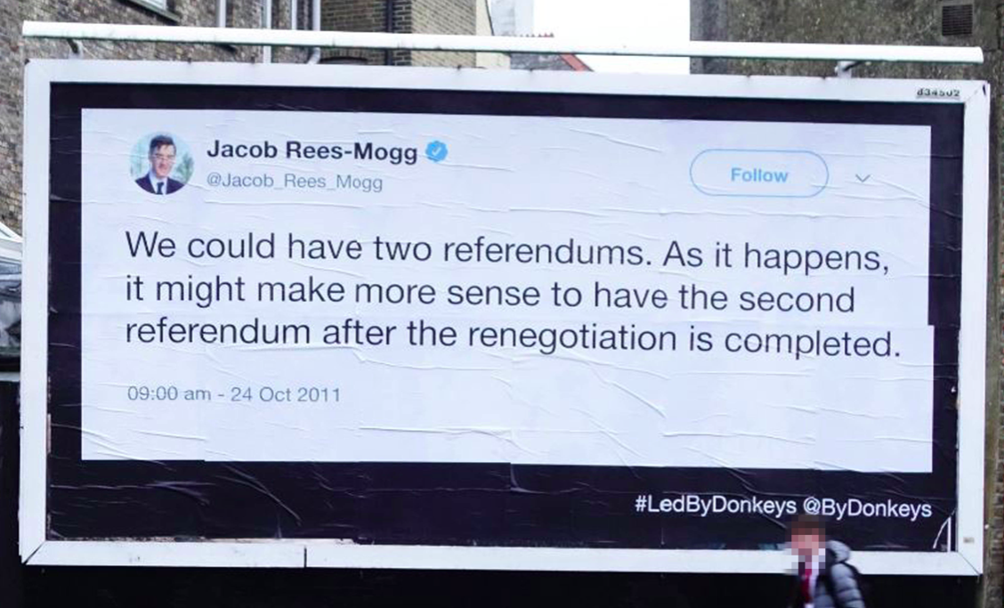 <em>Giant billboard of quotes from Brexiteers have been placed up in Dover (PA)</em>