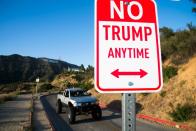 A sign reading "No Trump Anytime" on April 27, 2016 in the hills above Hollywood, California
