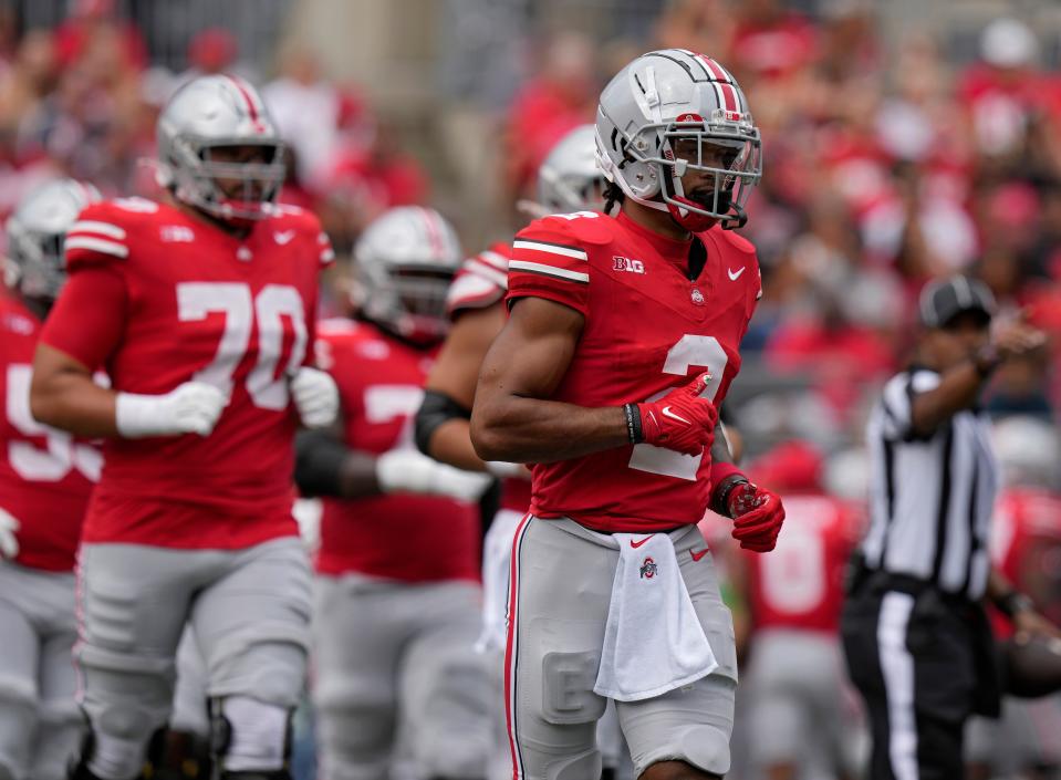 Sept. 9, 2023; Columbus, Oh., USA;  Ohio State Buckeyes wide receiver Emeka Egbuka (2) takes the field during the first half of Saturday's NCAA Division I football game against the Youngstown State Penguins at Ohio Stadium. 
