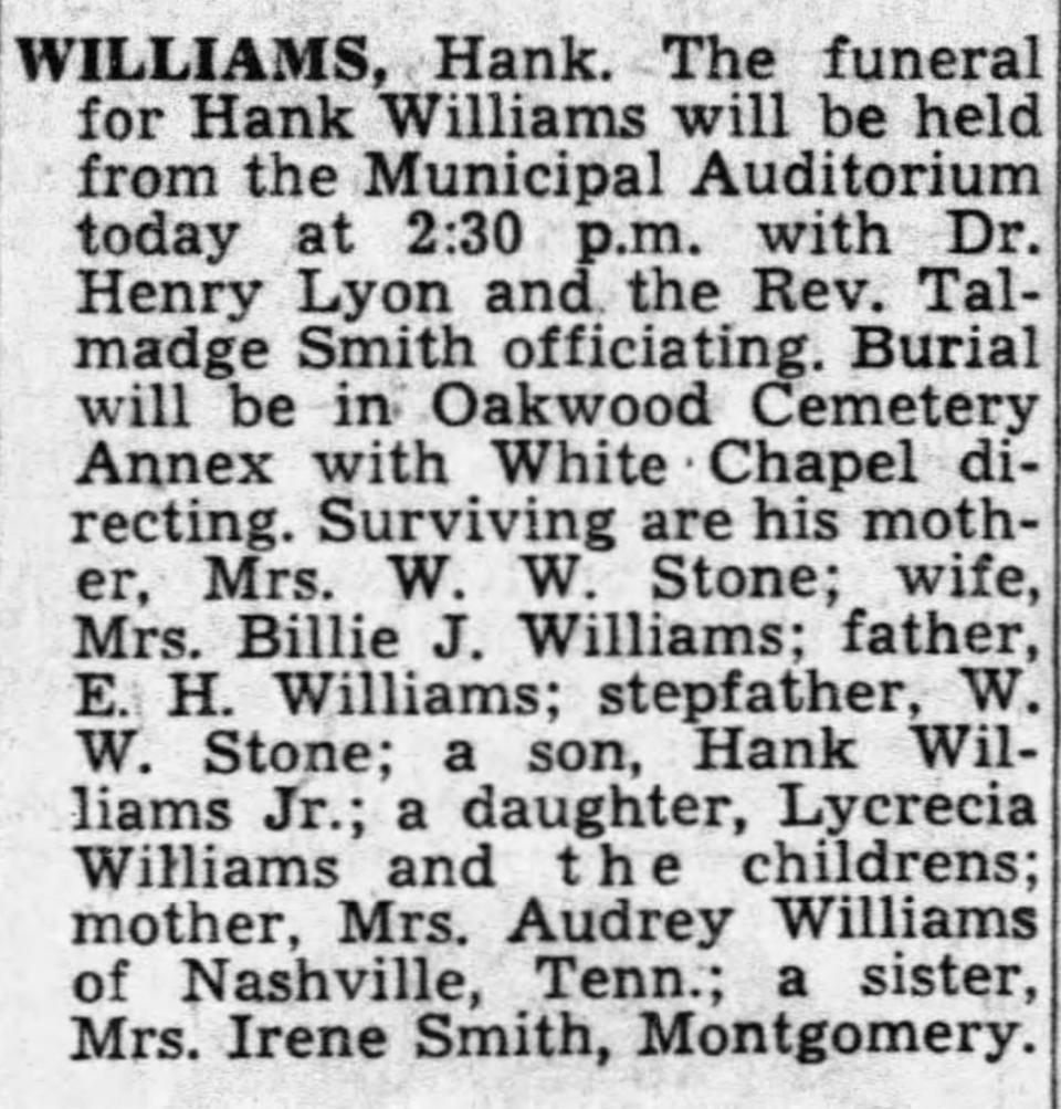 Hank Williams' obituary from the Montgomery Advertiser on Jan. 4, 1953.