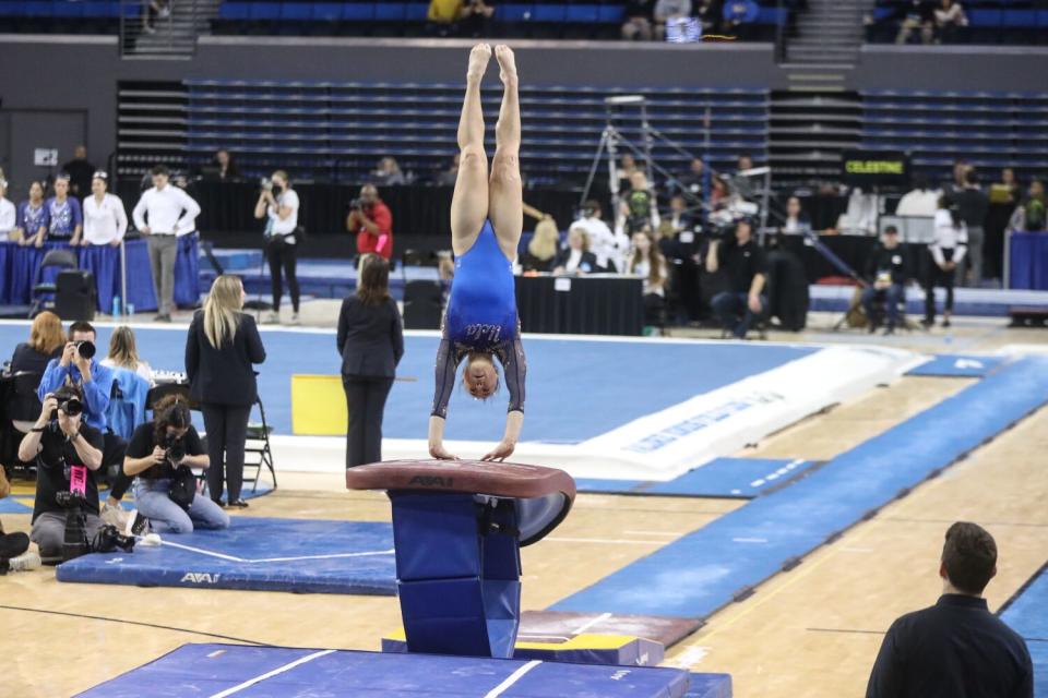 Emily Lee vaults for UCLA gymnastics at the NCAA Los Angeles Regional