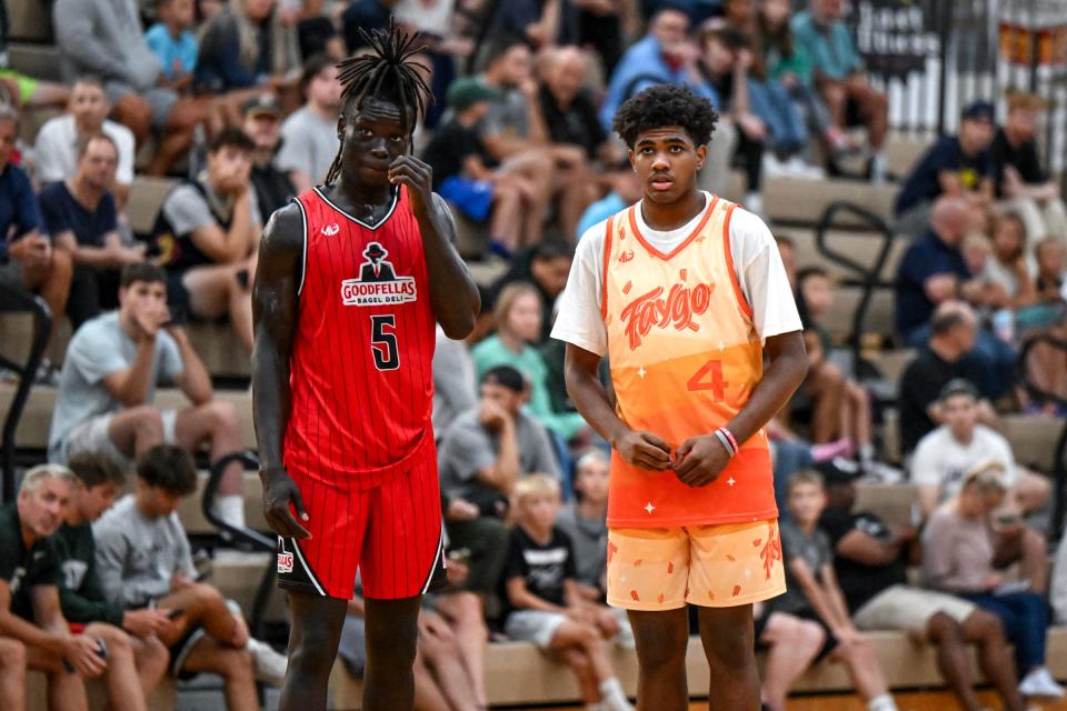 Michigan State freshmen Kur Teng, left, and Jase Richardson look on during their game against each other on Thursday, July 18, 2024, during the Moneyball Pro-Am at Holt High School.