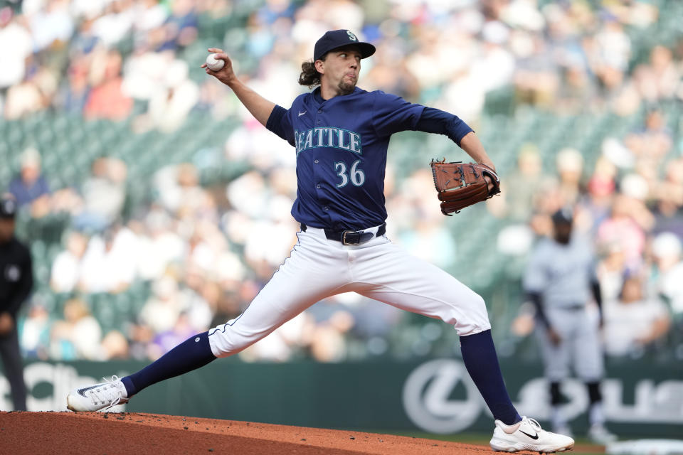 Seattle Mariners starting pitcher Logan Gilbert throws against the Chicago White Sox during the first inning of a baseball game Monday, June 10, 2024, in Seattle. (AP Photo/Lindsey Wasson)