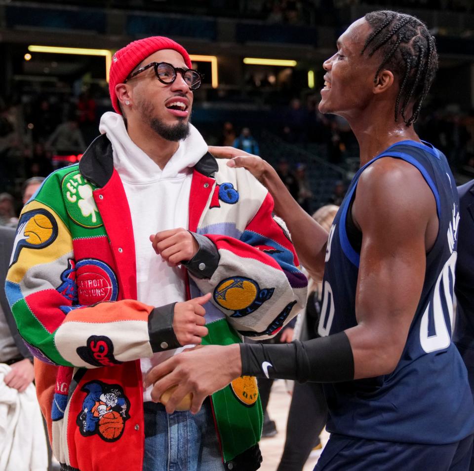 Team Jalen guard Bennedict Mathurin (0) of the Indiana Pacers talks with Tyrese Haliburton on Friday, Feb. 16, 2024, during the 2024 Panini Rising Stars Game at Gainbridge Fieldhouse in downtown Indianapolis.