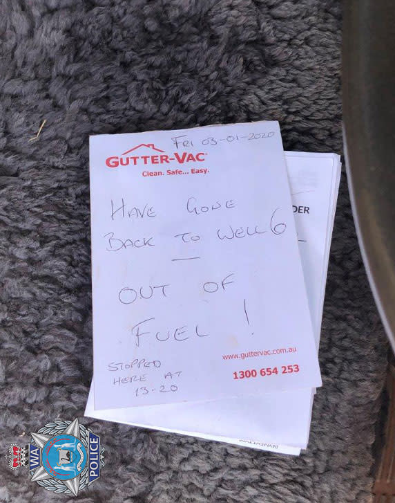 Phillip Blampied's note left for police on January 3, saying he was 'out of fuel' and was walking to a well.