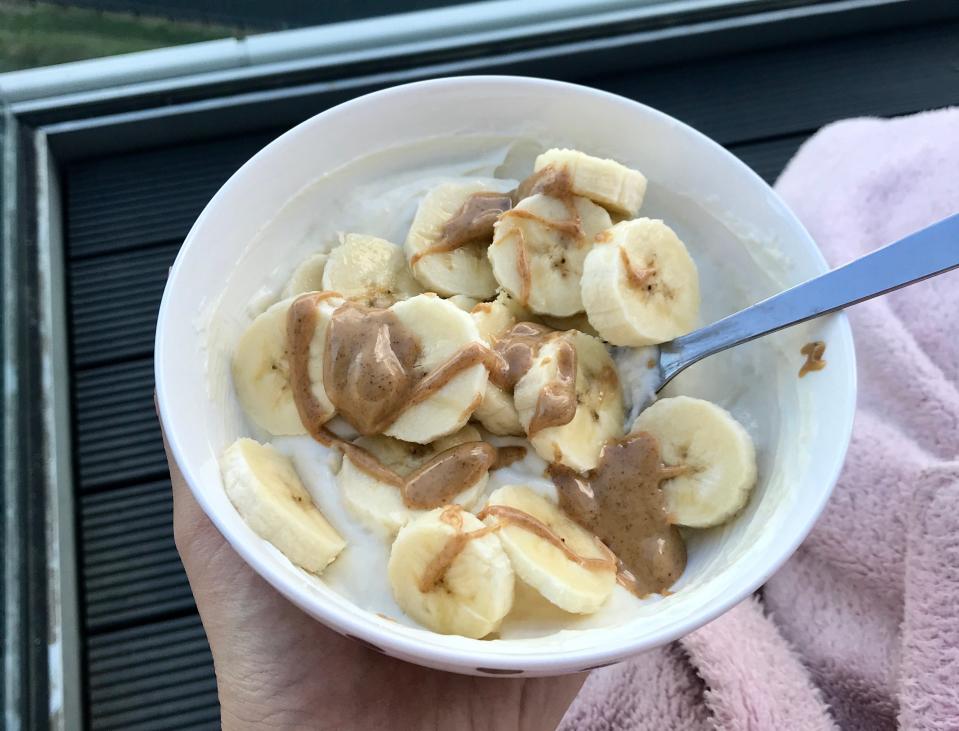 Yogurt with banana and peanut butter.
