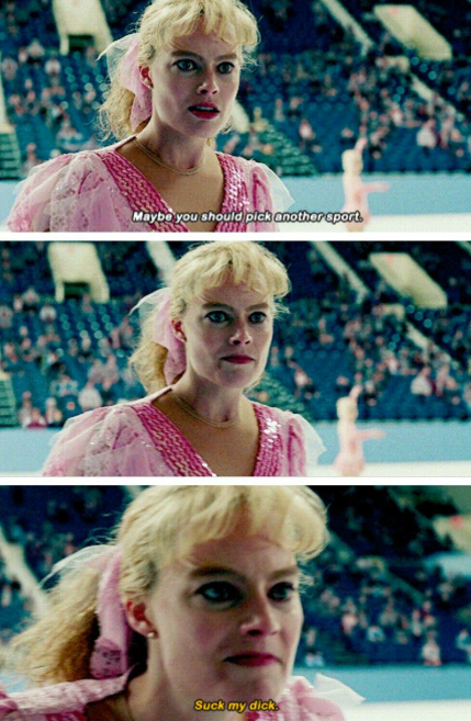 Margot in a pink skating dress on the rink in "I, Tonya"