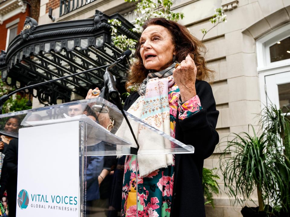 Diane von Furstenberg speaks at the Vital Voices Global Headquarters for Women's Leadership grand opening ribbon-cutting ceremony on May 05, 2022 in Washington, DC