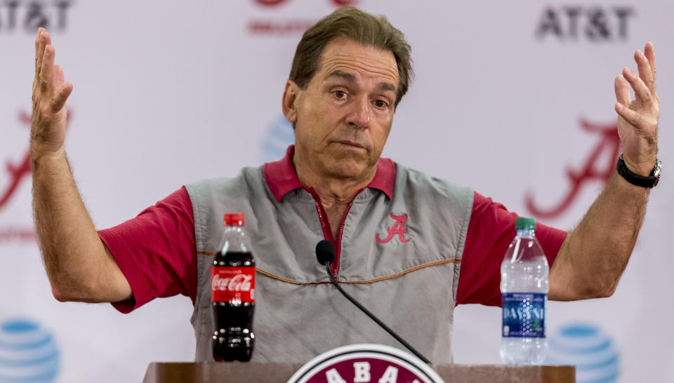 Alabama football coach Nick Saban talks with the media in his first spring football news conference, Tuesday, March 20, 2018, at Naylor-Stone Media Suite in Tuscaloosa, Ala. (Vasha Hunt/Alabama Media Group via AP)