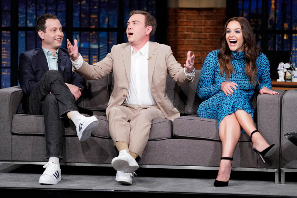 <p><em>Brooklyn Nine-Nine</em>'s Dan Goor, Joe Lo Truglio and Melissa Fumero share a moment while saying goodbye to their series on Sept. 16 during an interview on <em>Late Night with Seth Meyers </em>in N.Y.C. following the show's finale. </p>