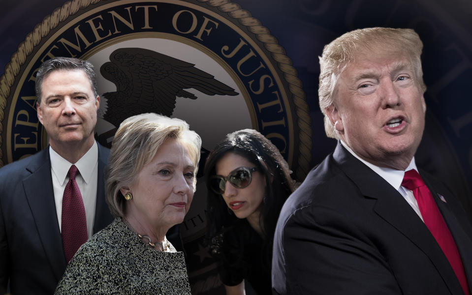 James Comey, Hillary Clinton, Huma Abedin, Donald Trump. (Yahoo News photo illustration; photos: Drew Angerer/Getty Images, Justin Sullivan/Getty Images, Carolyn Kaster/AP, AP)