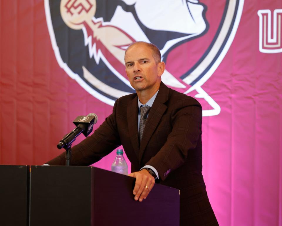 New Florida State head baseball coach Link Jarrett speaks at his introductory press conference Monday.