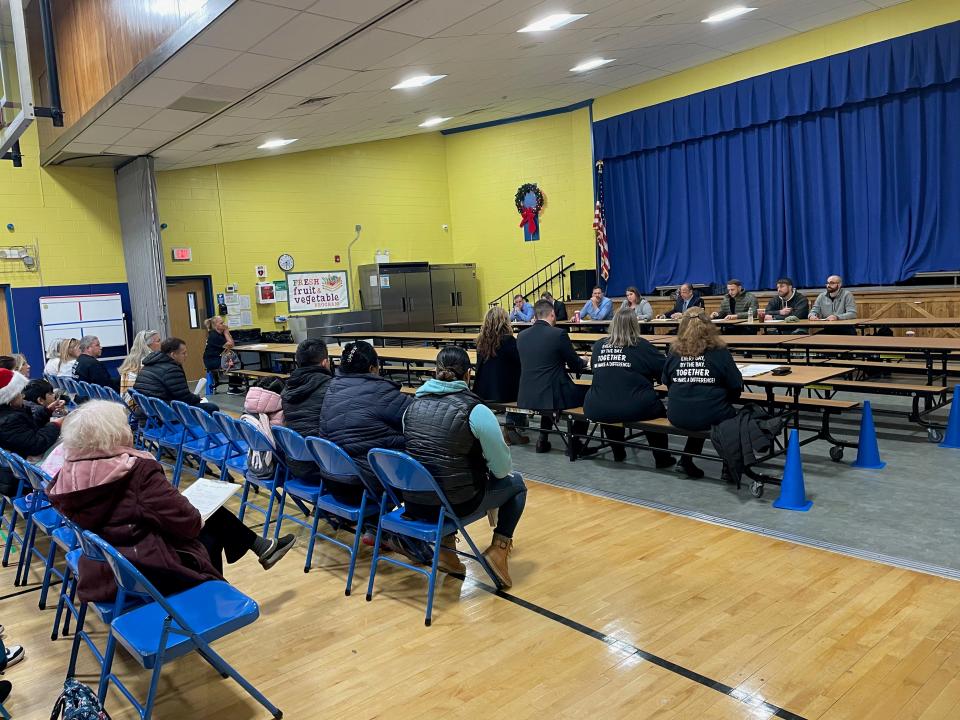 Parents gathered at the Hugh J. Boyd Jr. Elementary School in Seaside Heights on Friday, Dec. 8, 2023, to object to a plan to close the school and send students to Toms River Regional School District.