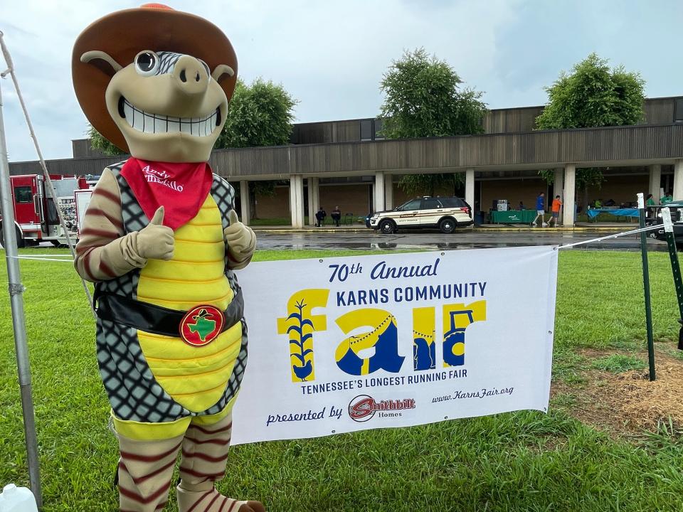 The rain put a damper on the rib eating contest hosted by Texas Roadhouse, but Andy the Armadillo doesn’t seem to mind at the 70th annual Karns Community Fair at Karns High School on July 15, 2023.