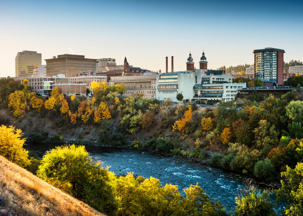 A city skyline situated on the hill with a river in the foreground. 