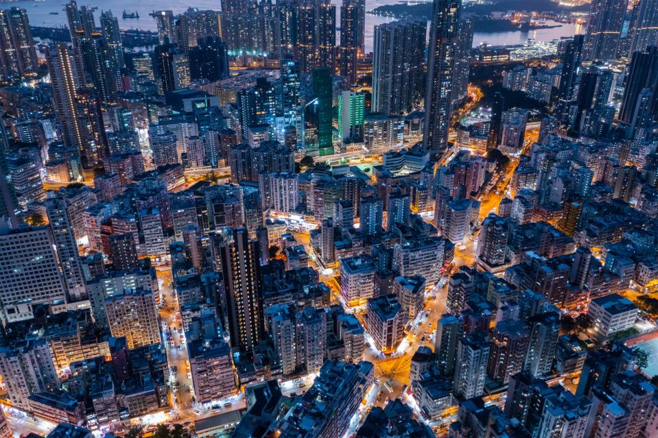 Mong Kok, Hong Kong 09 November 2021: Top view of Hong Kong city at night