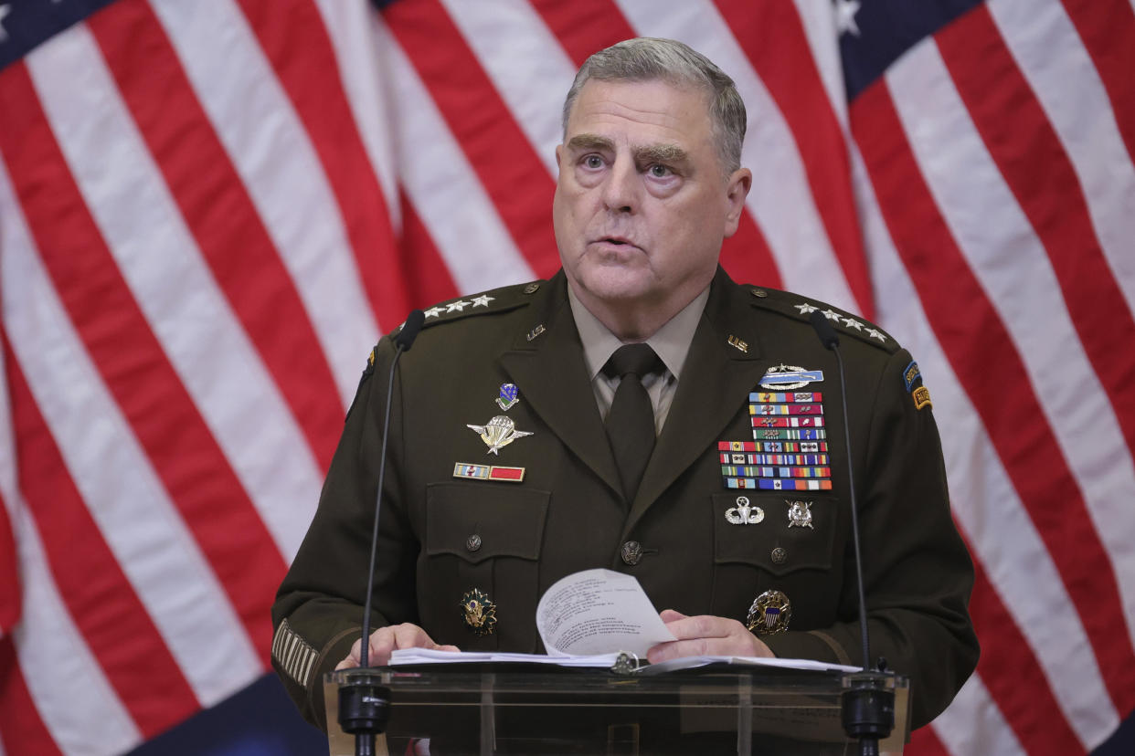 Chairman of the Joint Chiefs of Staff Gen. Mark Milley speaks during a media conference after a meeting of NATO defense ministers at NATO headquarters in Brussels. (AP)