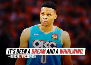 Russell Westbrook gave Oklahoma City Thunder fans a <a href="https://sports.yahoo.com/russell-westbrook-bids-goodbye-to-oklahoma-city-its-been-a-dream-and-a-whirlwind-223207926.html" data-ylk="slk:touching farewell on Instagram;elm:context_link;itc:0;sec:content-canvas;outcm:mb_qualified_link;_E:mb_qualified_link;ct:story;" class="link  yahoo-link">touching farewell on Instagram</a>, including a highlight reel compiled from his first 11 years of his professional career.