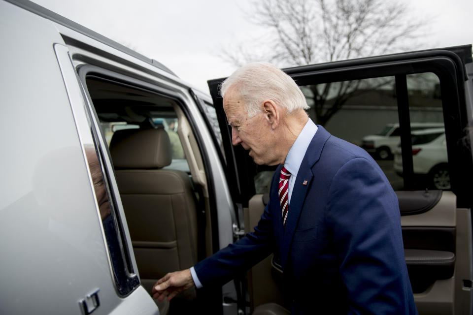 Democratic presidential candidate Joe Biden leaves after eating lunch at Ross' Restaurant, Monday, Jan. 6, 2020, in Bettendorf, Iowa. (AP Photo/Andrew Harnik)