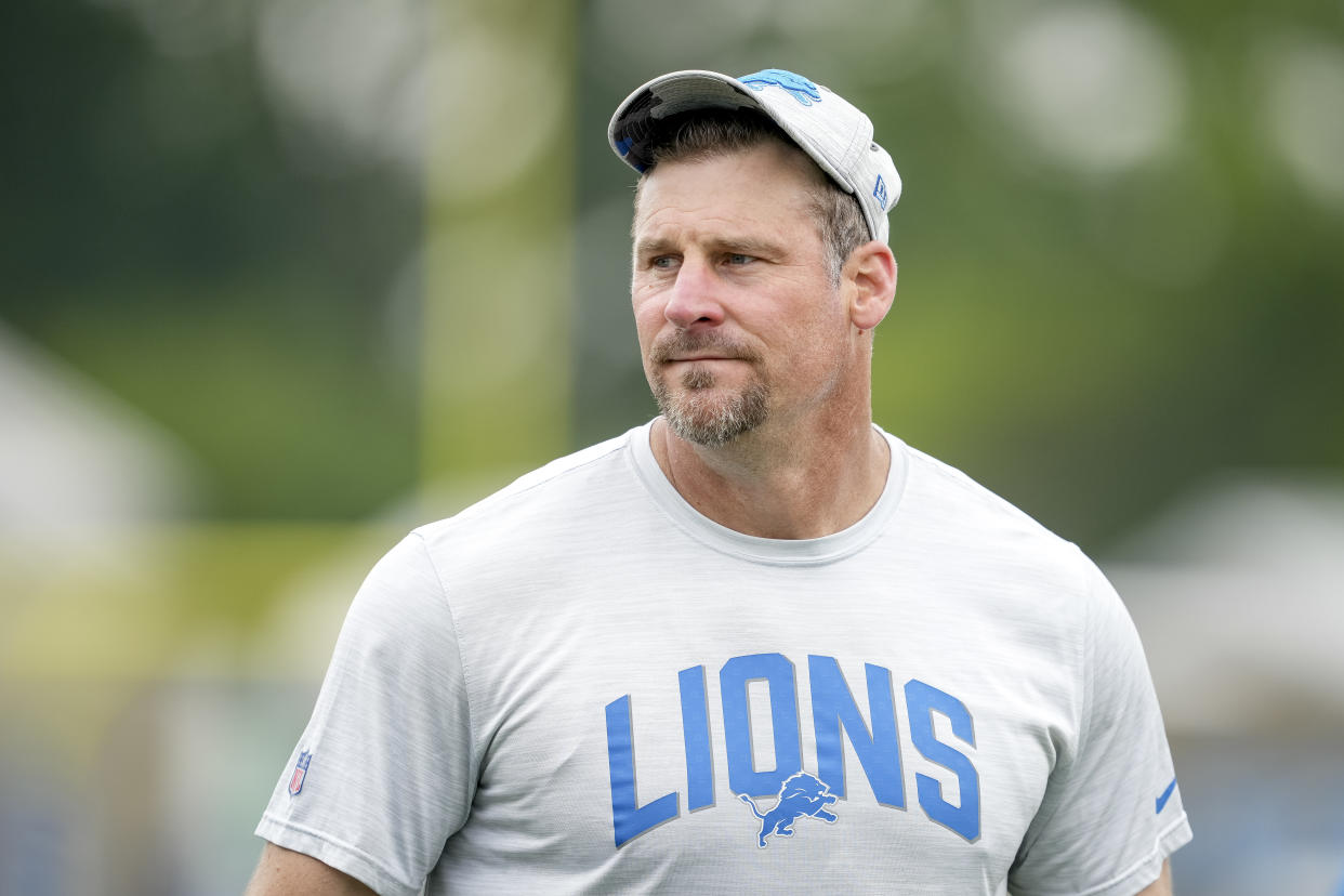 ALLEN PARK, MICHIGAN - JULY 27: Head coach Dan Campbell of the Detroit Lions looks on during the Detroit Lions Training Camp on July 27, 2022 at the Lions Headquarters and Training Facility in Allen Park, Michigan. (Photo by Nic Antaya/Getty Images)