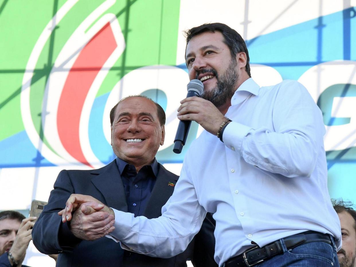 Leader of Forza Italia party, Silvio Berlusconi, and the Secretary of League party Matteo Salvini during the anti-government rally: EPA
