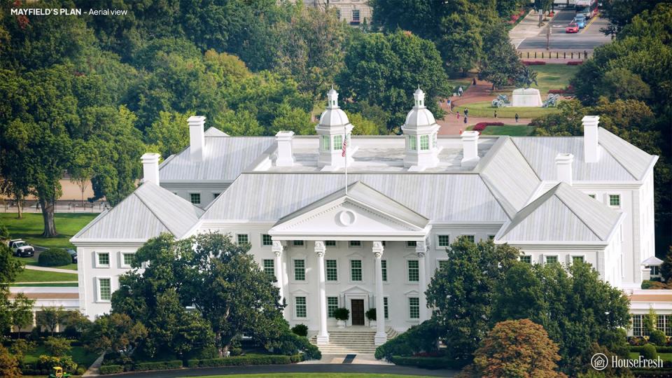 Aerial view of the Andrew Mayfield Carshore-designed White House.