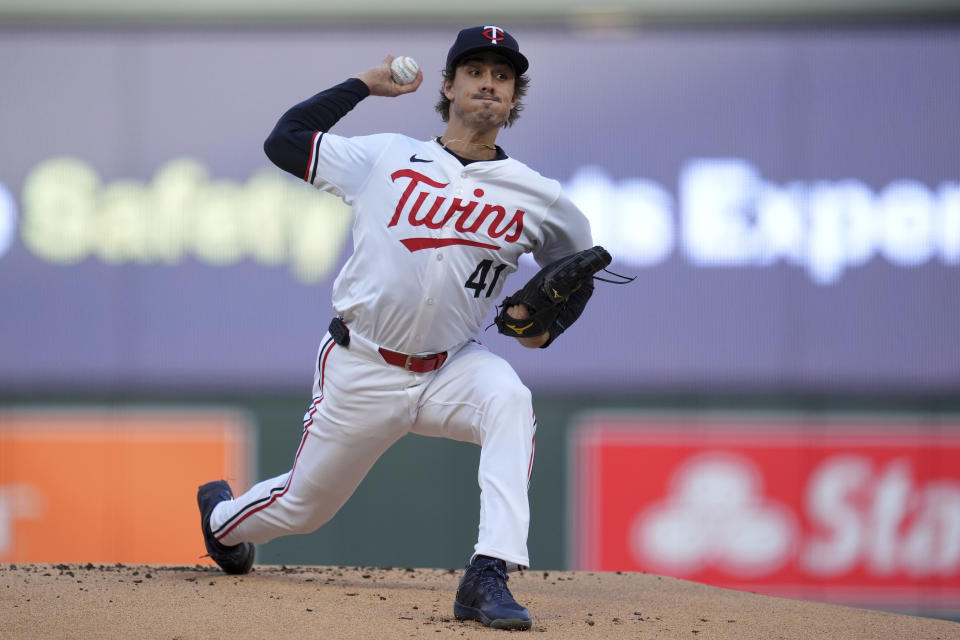 Minnesota Twins starting pitcher Joe Ryan delivers during the first inning of the team's baseball game against the Chicago White Sox, Wednesday, April 24, 2024, in Minneapolis. (AP Photo/Abbie Parr)