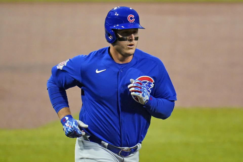 Chicago Cubs' Anthony Rizzo rounds third after hitting a solo home run off Pittsburgh Pirates starting pitcher Trevor Williams during the first inning of a baseball game in Pittsburgh, Wednesday, Sept. 23, 2020. (AP Photo/Gene J. Puskar)