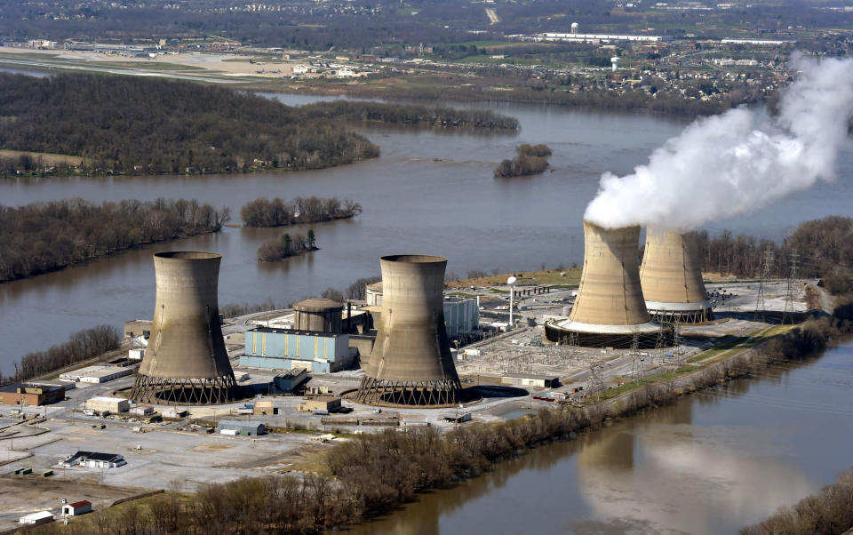 File-This April 18, 2018, file photo shows an aerial view of Three Mile Island, in Dauphin County, Pa. The shutdown of Three Mile Island, site of the United States' worst commercial nuclear power accident, is imminent. Exelon Corp. officials said the plant will stop producing electricity Friday, Sept. 20, 2019, following through on a decision the Chicago-based energy giant made in May after it became clear that it would not get a financial rescue from Pennsylvania. (Richard Hertzler/LNP/LancasterOnline via AP, File)