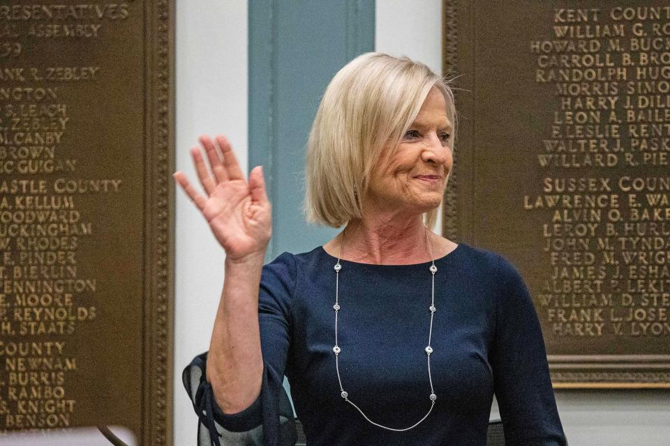 Lt. Gov. Bethany Hall-Long greets attendees at Gov. John Carney's State of the State Address at Legislative Hall in Dover, Tuesday, March 5, 2024. The event was rescheduled from January after Carney fell ill.