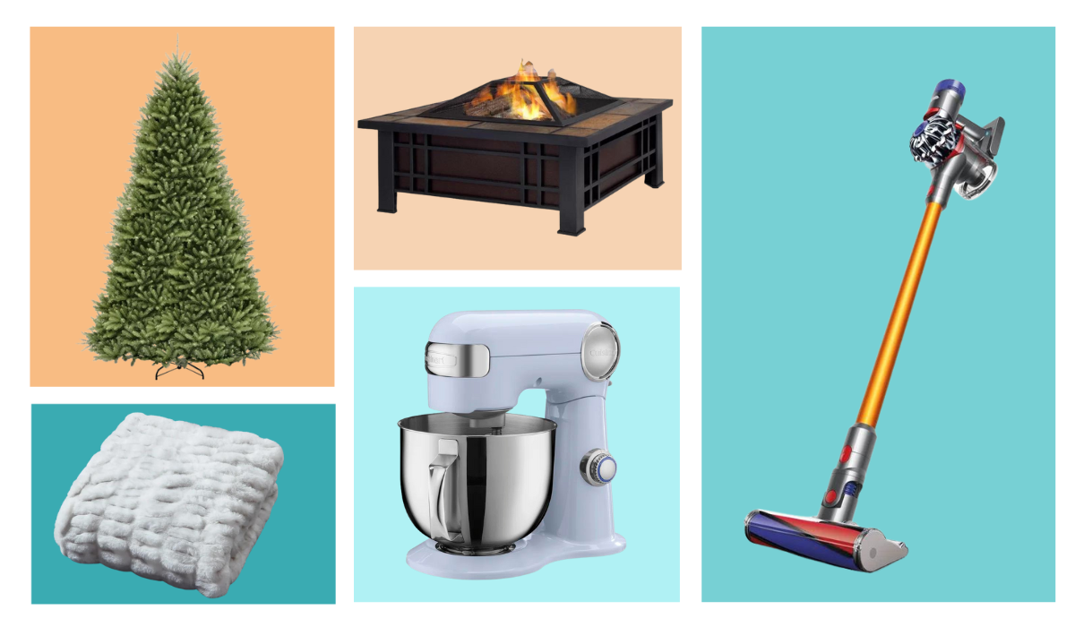 Christmas tree, fire pit, dyson vacuum, stand mixer, blanket