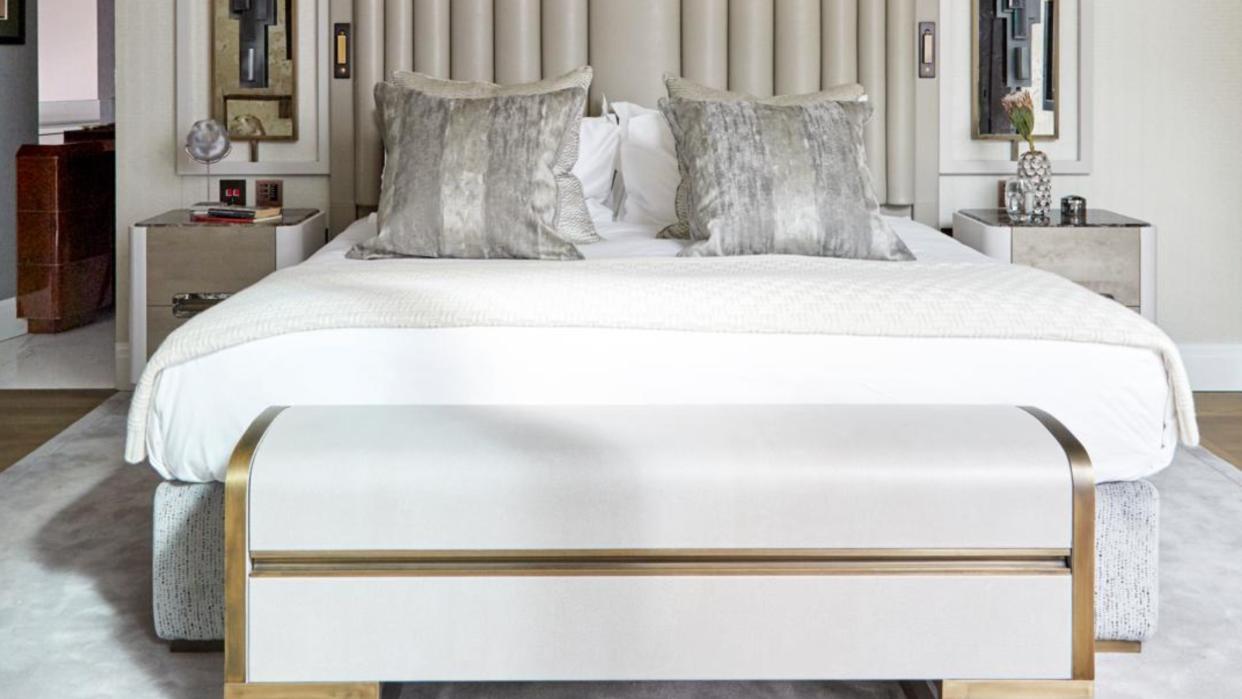  Bed in luxury neutral bedroom on box spring bed base 