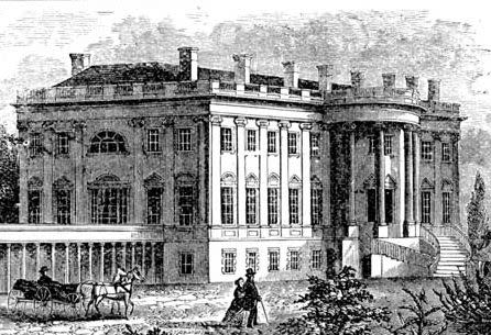 Jefferson and Latrobe's West Wing Colonnade, in this nineteenth-century engraved view, is now the James S. Brady Press Briefing Room.